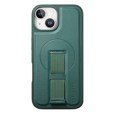 iPhone 15 Hårdt Plastik Cover m. Kunstlæder Bagside & Fingerrem - MagSafe Kompatibel - Grøn