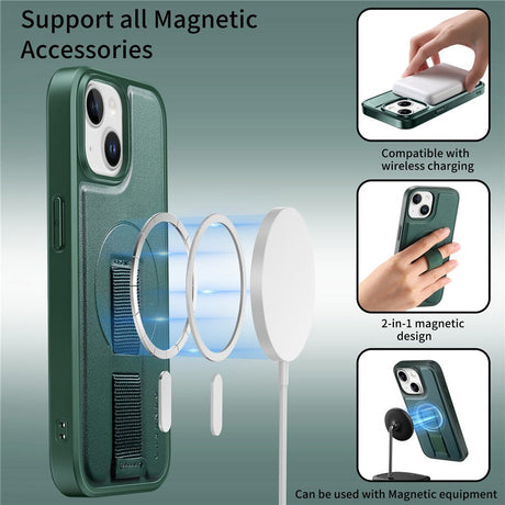 iPhone 15 Hårdt Plastik Cover m. Kunstlæder Bagside & Fingerrem - MagSafe Kompatibel - Grøn
