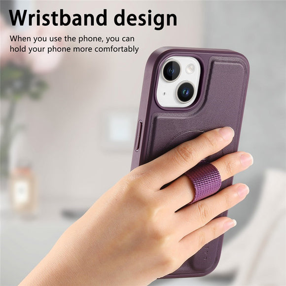 iPhone 15 Hårdt Plastik Cover m. Kunstlæder Bagside & Fingerrem - MagSafe Kompatibel - Lilla