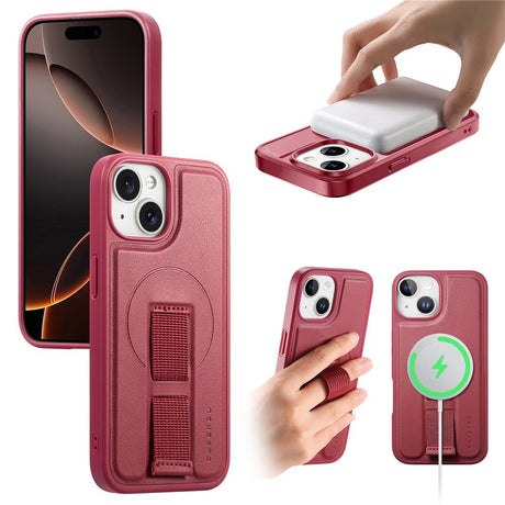 iPhone 15 Hårdt Plastik Cover m. Kunstlæder Bagside & Fingerrem - MagSafe Kompatibel - Rød