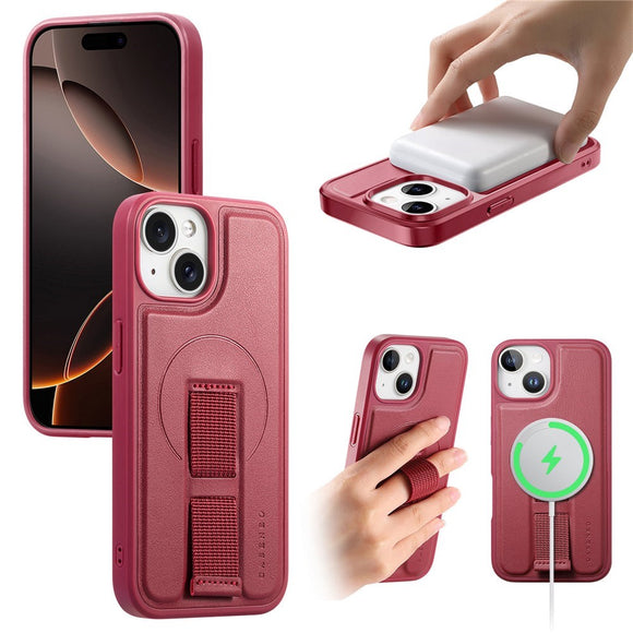 iPhone 15 Hårdt Plastik Cover m. Kunstlæder Bagside & Fingerrem - MagSafe Kompatibel - Rød