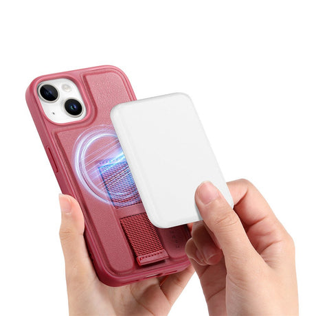 iPhone 15 Hårdt Plastik Cover m. Kunstlæder Bagside & Fingerrem - MagSafe Kompatibel - Rød