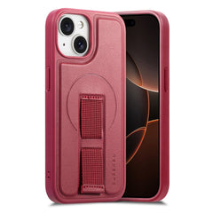 iPhone 15 Hårdt Plastik Cover m. Kunstlæder Bagside & Fingerrem - MagSafe Kompatibel - Rød