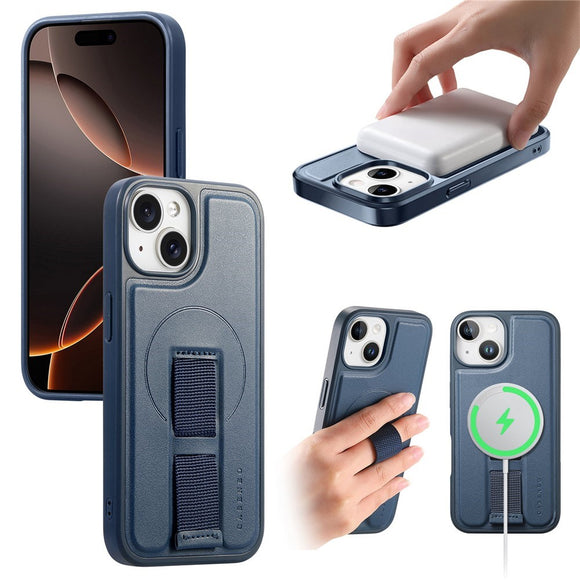 iPhone 15 Hårdt Plastik Cover m. Kunstlæder Bagside & Fingerrem - MagSafe Kompatibel - Blå