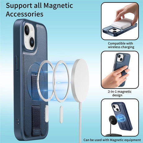 iPhone 15 Hårdt Plastik Cover m. Kunstlæder Bagside & Fingerrem - MagSafe Kompatibel - Blå