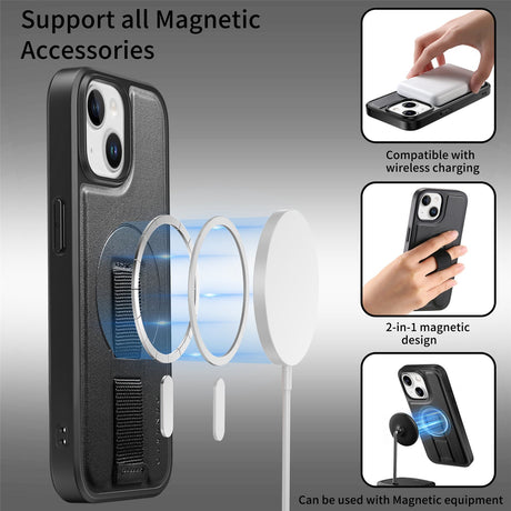 iPhone 14 / 13 Hårdt Plastik Cover m. Kunstlæder Bagside & Fingerrem - MagSafe Kompatibel - Sort