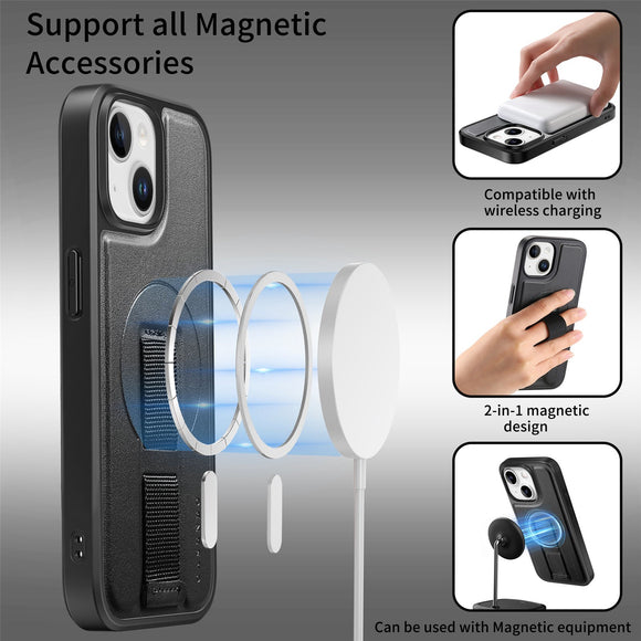 iPhone 14 / 13 Hårdt Plastik Cover m. Kunstlæder Bagside & Fingerrem - MagSafe Kompatibel - Sort