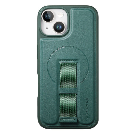 iPhone 14 / 13 Hårdt Plastik Cover m. Kunstlæder Bagside & Fingerrem - MagSafe Kompatibel - Grøn