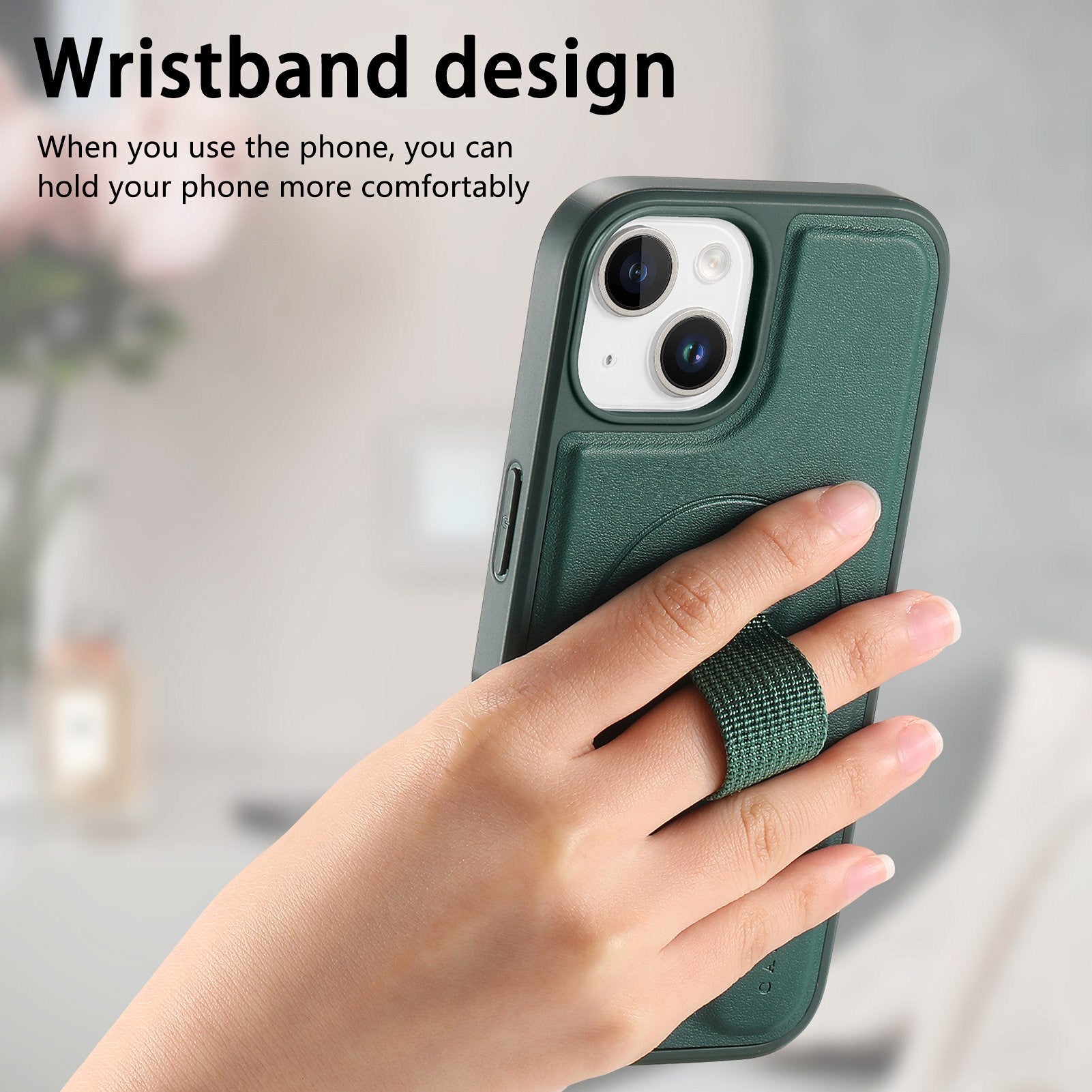 iPhone 14 / 13 Hårdt Plastik Cover m. Kunstlæder Bagside & Fingerrem - MagSafe Kompatibel - Grøn