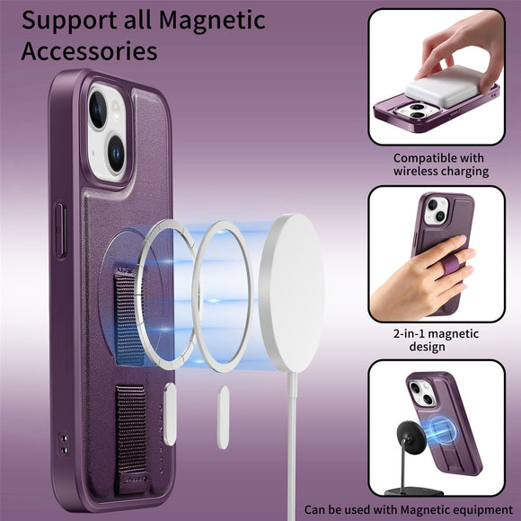 iPhone 14 / 13 Hårdt Plastik Cover m. Kunstlæder Bagside & Fingerrem - MagSafe Kompatibel - Lilla