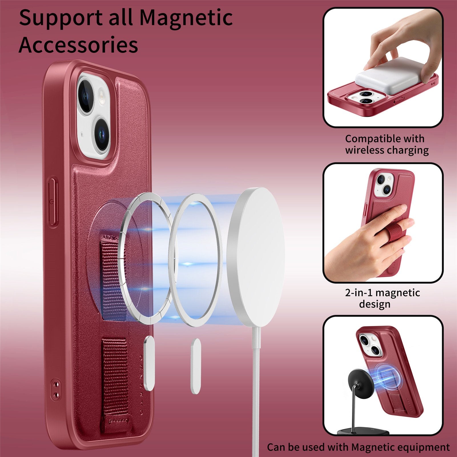 iPhone 14 / 13 Hårdt Plastik Cover m. Kunstlæder Bagside & Fingerrem - MagSafe Kompatibel - Rød