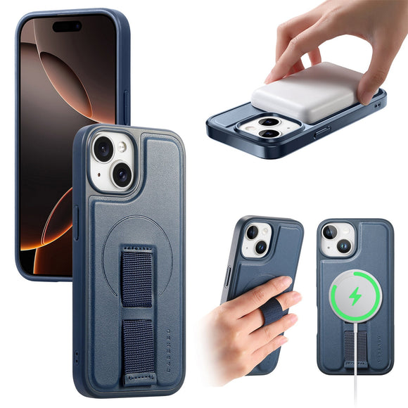 iPhone 14 / 13 Hårdt Plastik Cover m. Kunstlæder Bagside & Fingerrem - MagSafe Kompatibel - Blå