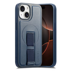 iPhone 14 / 13 Hårdt Plastik Cover m. Kunstlæder Bagside & Fingerrem - MagSafe Kompatibel - Blå