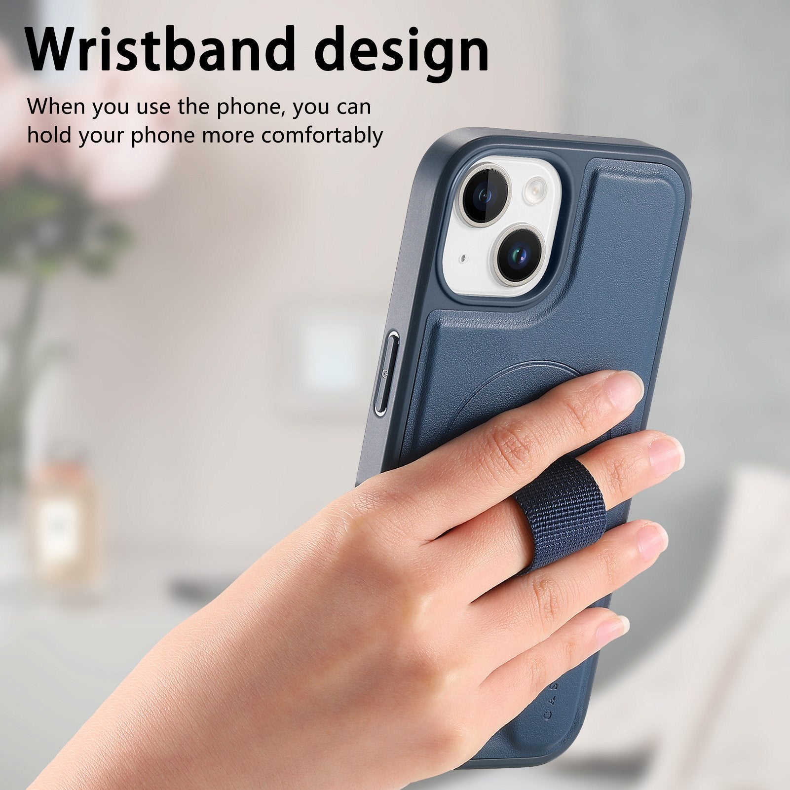 iPhone 14 / 13 Hårdt Plastik Cover m. Kunstlæder Bagside & Fingerrem - MagSafe Kompatibel - Blå