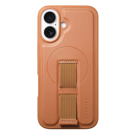 iPhone 16 Hårdt Plastik Cover m. Kunstlæder Bagside & Fingerrem - MagSafe Kompatibel - Brun