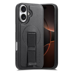 iPhone 16 Hårdt Plastik Cover m. Kunstlæder Bagside & Fingerrem - MagSafe Kompatibel - Sort