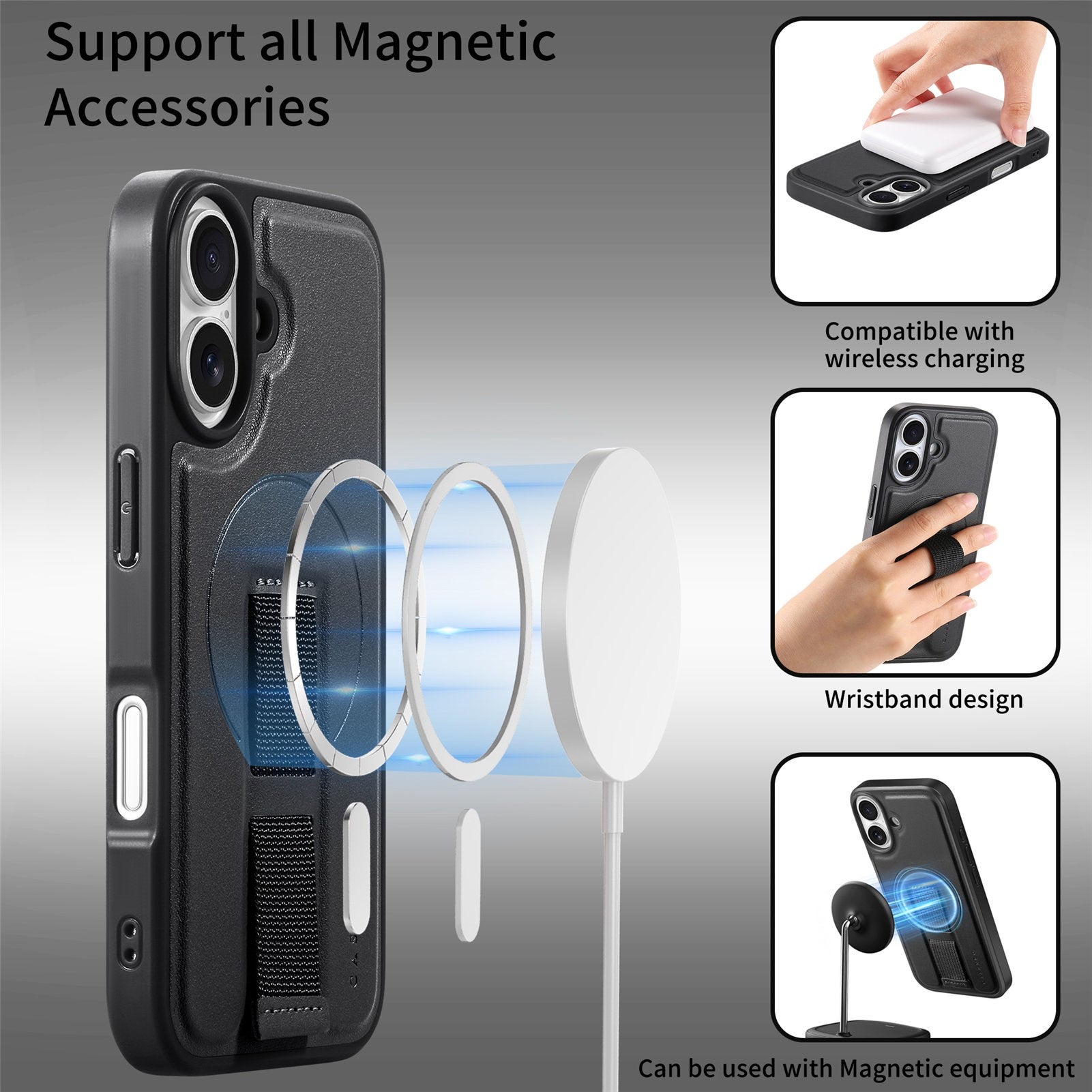 iPhone 16 Hårdt Plastik Cover m. Kunstlæder Bagside & Fingerrem - MagSafe Kompatibel - Sort