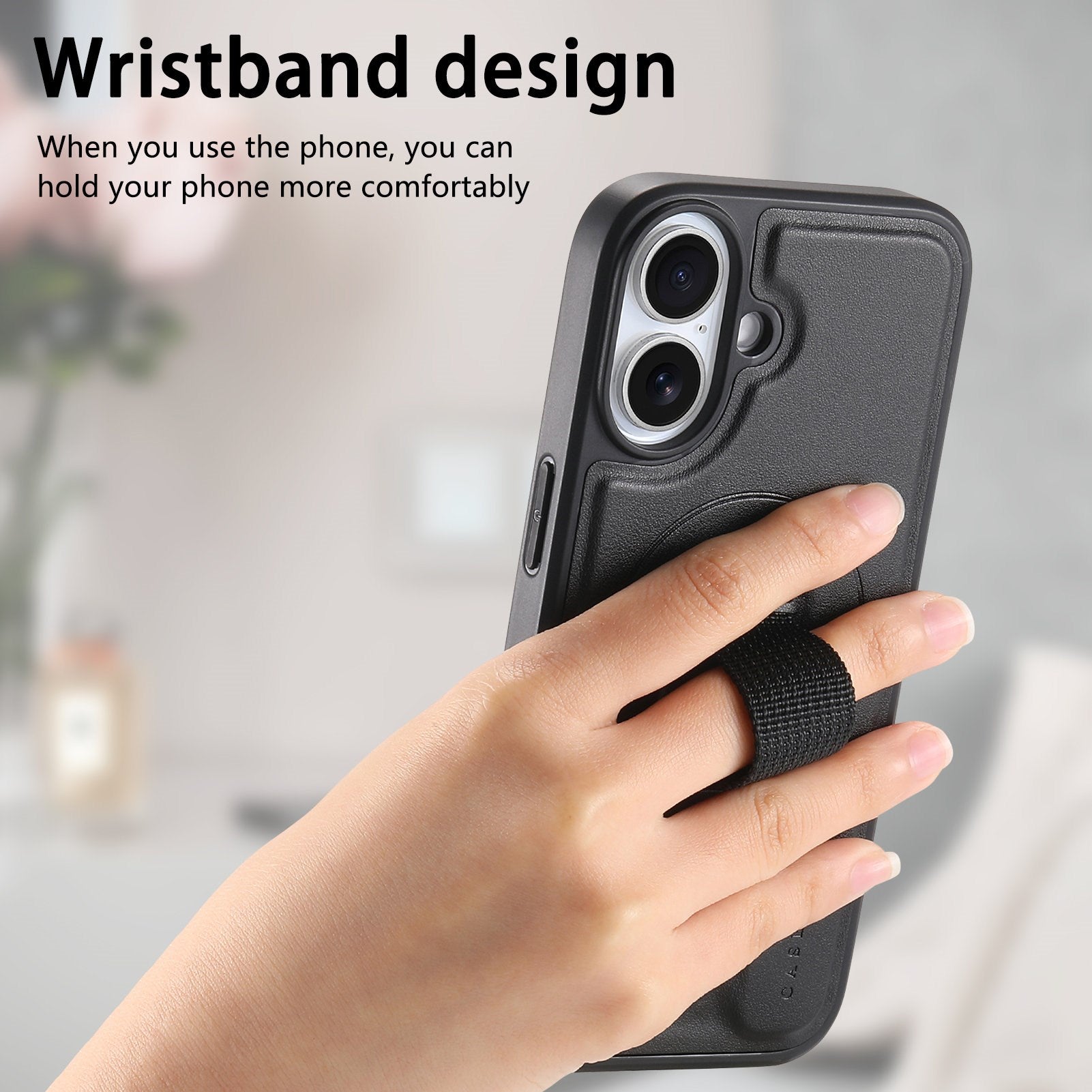 iPhone 16 Hårdt Plastik Cover m. Kunstlæder Bagside & Fingerrem - MagSafe Kompatibel - Sort
