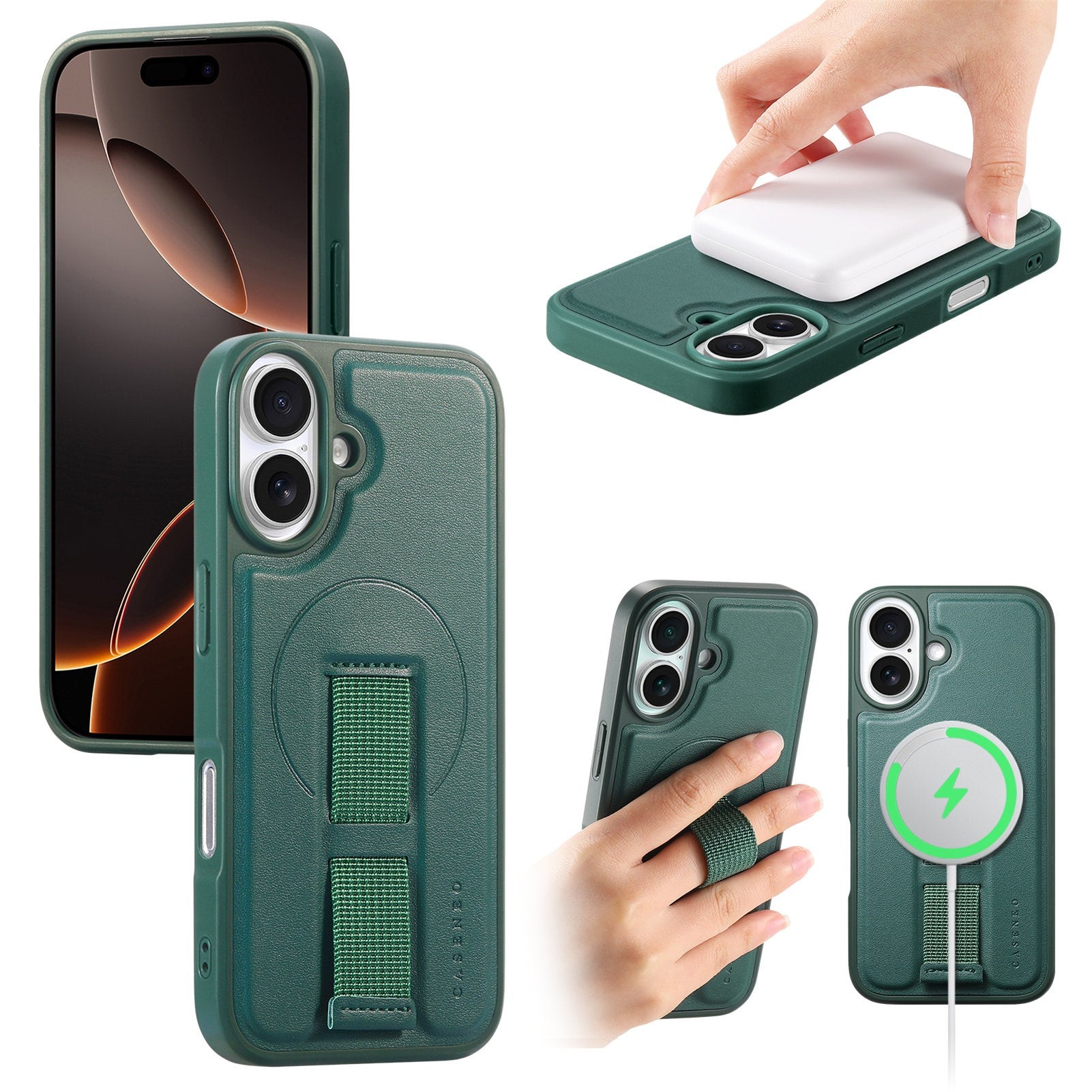 iPhone 16 Hårdt Plastik Cover m. Kunstlæder Bagside & Fingerrem - MagSafe Kompatibel - Grøn