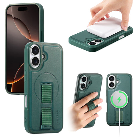 iPhone 16 Hårdt Plastik Cover m. Kunstlæder Bagside & Fingerrem - MagSafe Kompatibel - Grøn