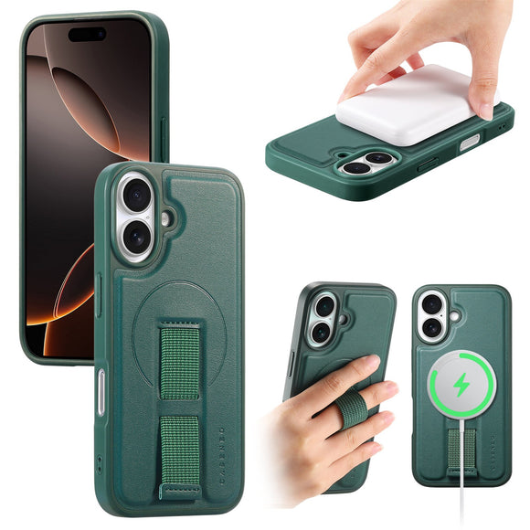 iPhone 16 Hårdt Plastik Cover m. Kunstlæder Bagside & Fingerrem - MagSafe Kompatibel - Grøn