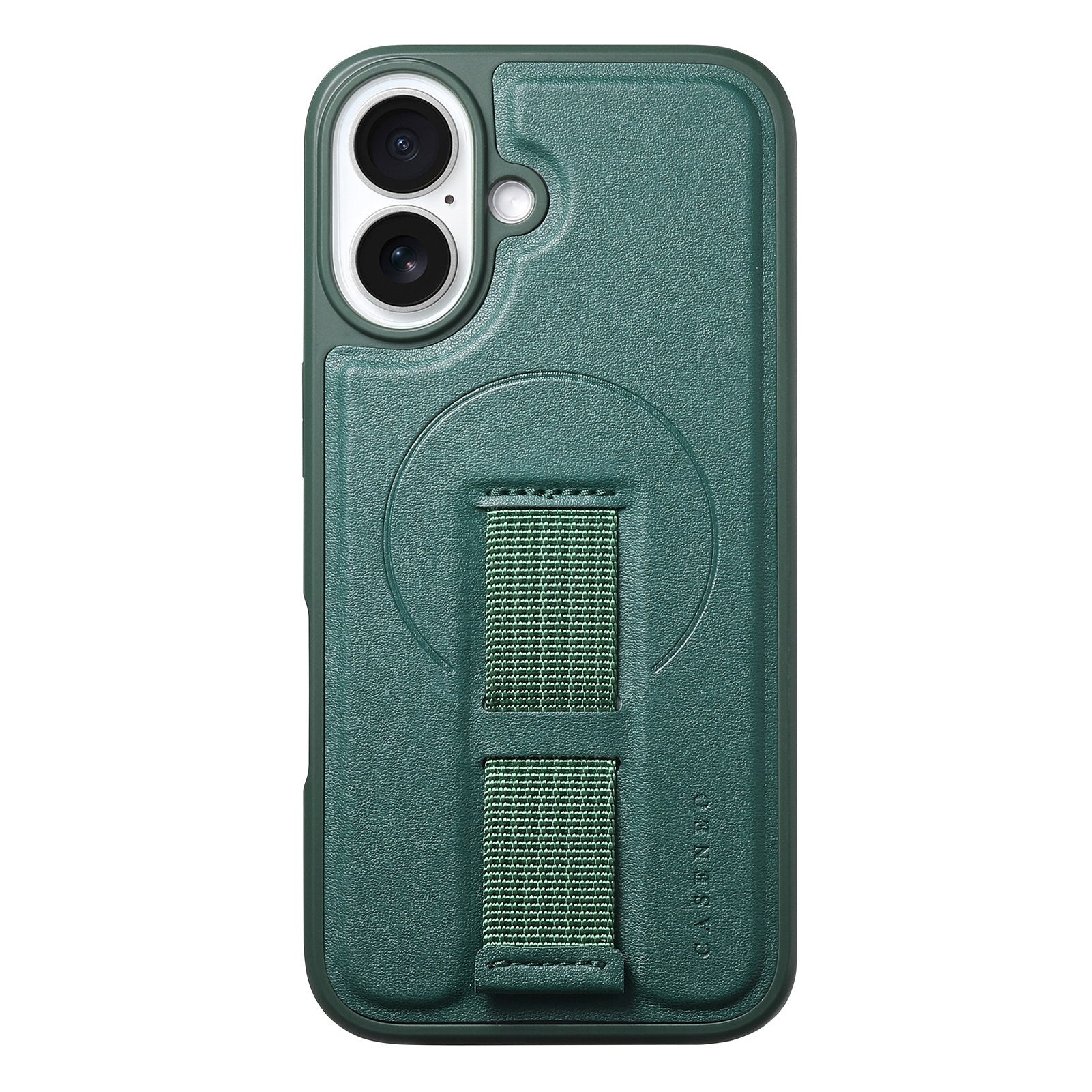 iPhone 16 Hårdt Plastik Cover m. Kunstlæder Bagside & Fingerrem - MagSafe Kompatibel - Grøn