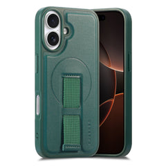 iPhone 16 Hårdt Plastik Cover m. Kunstlæder Bagside & Fingerrem - MagSafe Kompatibel - Grøn