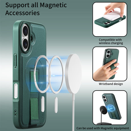 iPhone 16 Hårdt Plastik Cover m. Kunstlæder Bagside & Fingerrem - MagSafe Kompatibel - Grøn