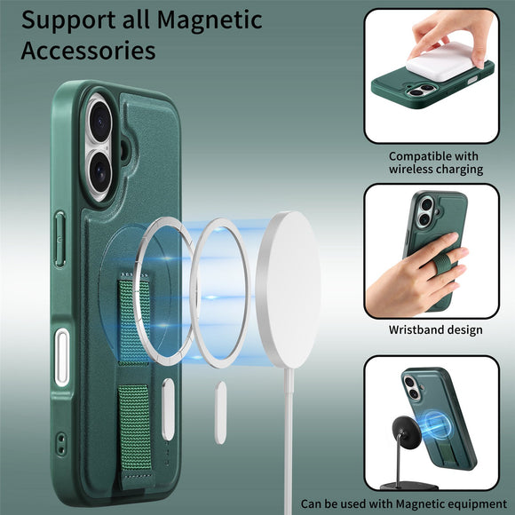 iPhone 16 Hårdt Plastik Cover m. Kunstlæder Bagside & Fingerrem - MagSafe Kompatibel - Grøn