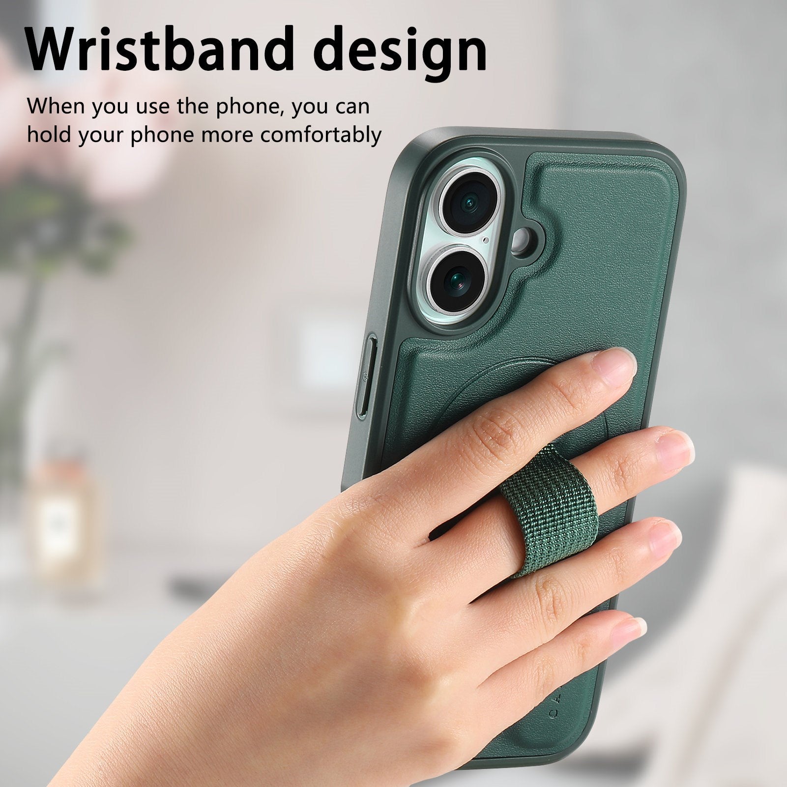 iPhone 16 Hårdt Plastik Cover m. Kunstlæder Bagside & Fingerrem - MagSafe Kompatibel - Grøn