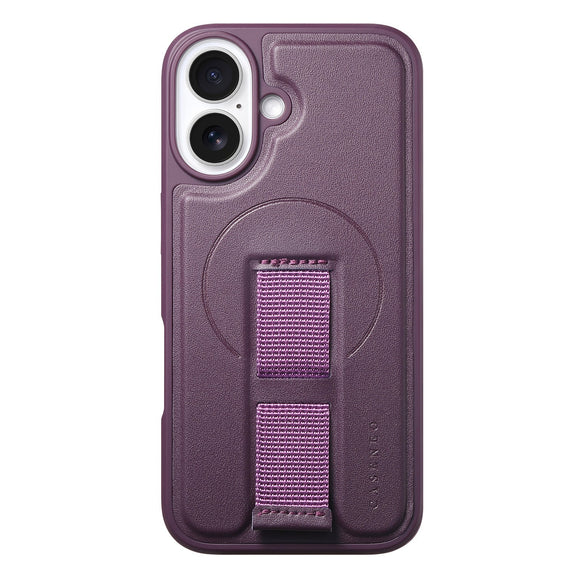 iPhone 16 Hårdt Plastik Cover m. Kunstlæder Bagside & Fingerrem - MagSafe Kompatibel - Lilla