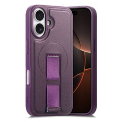 iPhone 16 Hårdt Plastik Cover m. Kunstlæder Bagside & Fingerrem - MagSafe Kompatibel - Lilla