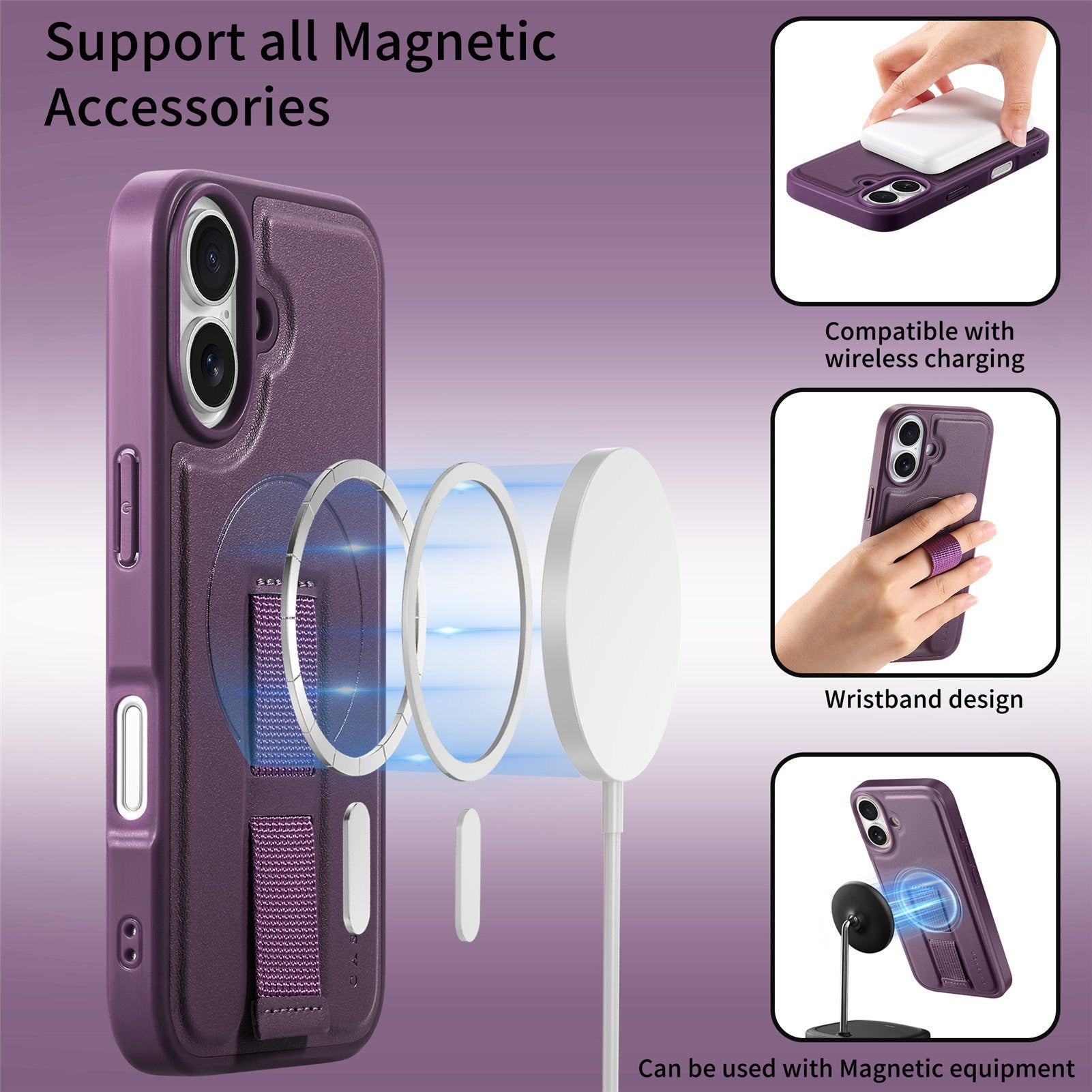 iPhone 16 Hårdt Plastik Cover m. Kunstlæder Bagside & Fingerrem - MagSafe Kompatibel - Lilla