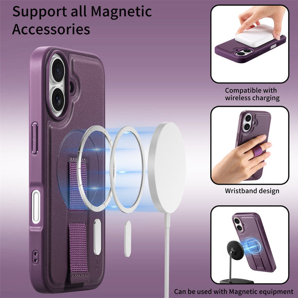 iPhone 16 Hårdt Plastik Cover m. Kunstlæder Bagside & Fingerrem - MagSafe Kompatibel - Lilla