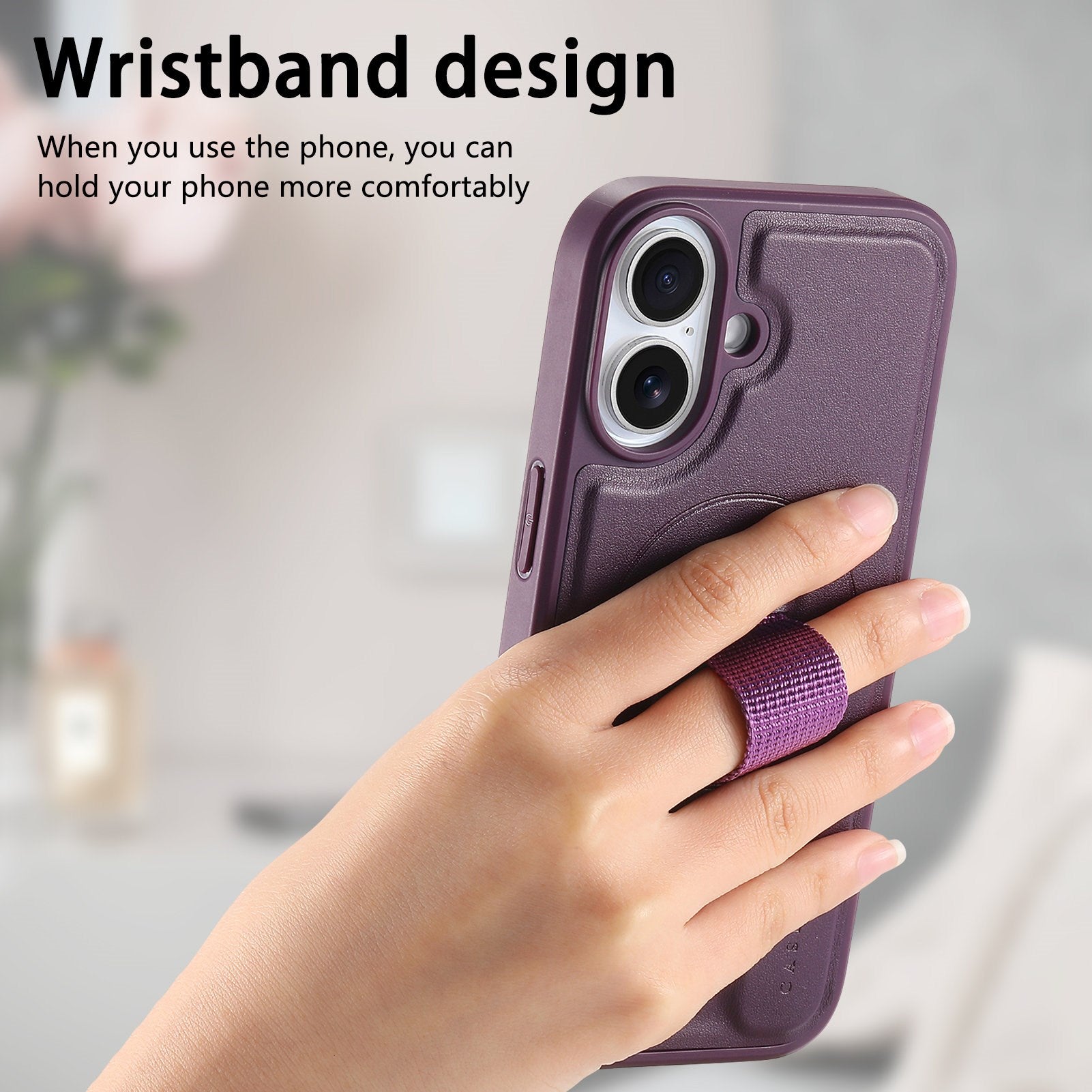 iPhone 16 Hårdt Plastik Cover m. Kunstlæder Bagside & Fingerrem - MagSafe Kompatibel - Lilla