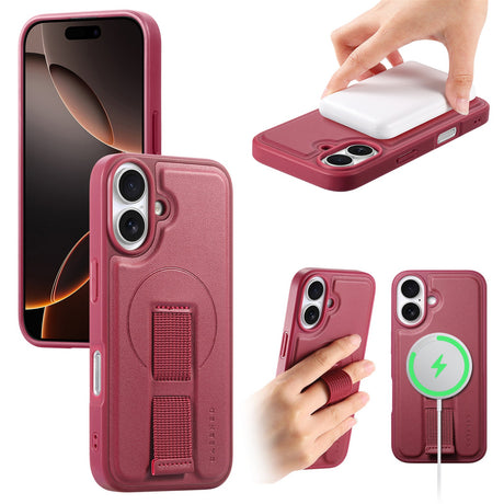 iPhone 16 Hårdt Plastik Cover m. Kunstlæder Bagside & Fingerrem - MagSafe Kompatibel - Rød