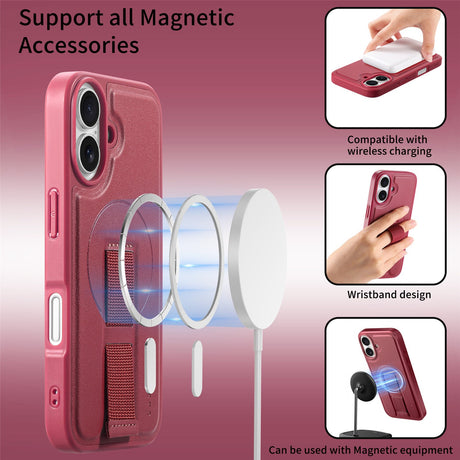 iPhone 16 Hårdt Plastik Cover m. Kunstlæder Bagside & Fingerrem - MagSafe Kompatibel - Rød