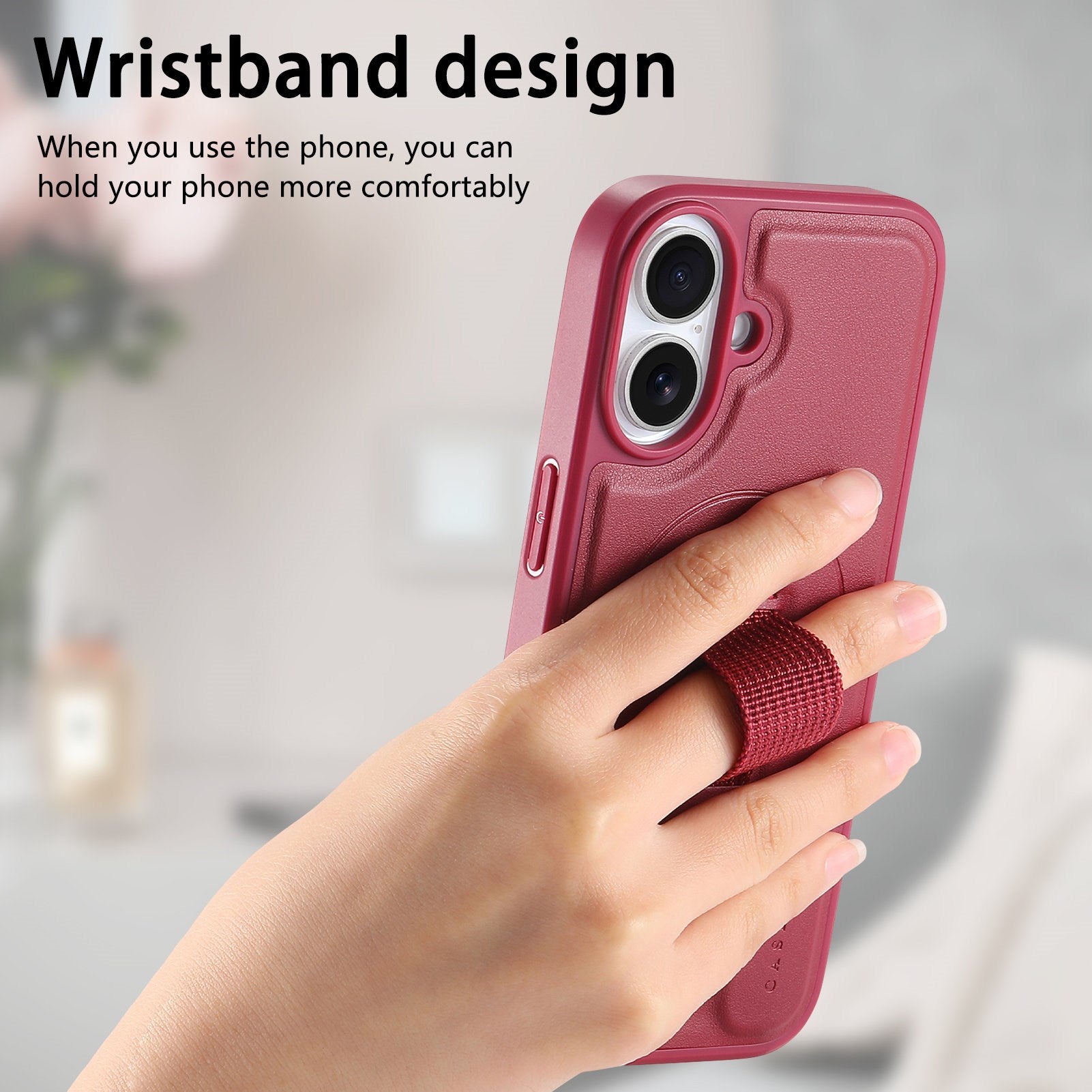 iPhone 16 Hårdt Plastik Cover m. Kunstlæder Bagside & Fingerrem - MagSafe Kompatibel - Rød