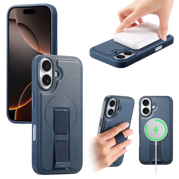 iPhone 16 Hårdt Plastik Cover m. Kunstlæder Bagside & Fingerrem - MagSafe Kompatibel - Blå