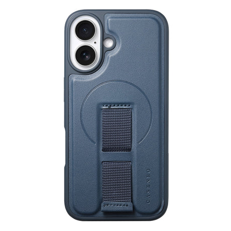 iPhone 16 Hårdt Plastik Cover m. Kunstlæder Bagside & Fingerrem - MagSafe Kompatibel - Blå