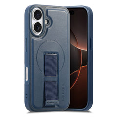iPhone 16 Hårdt Plastik Cover m. Kunstlæder Bagside & Fingerrem - MagSafe Kompatibel - Blå