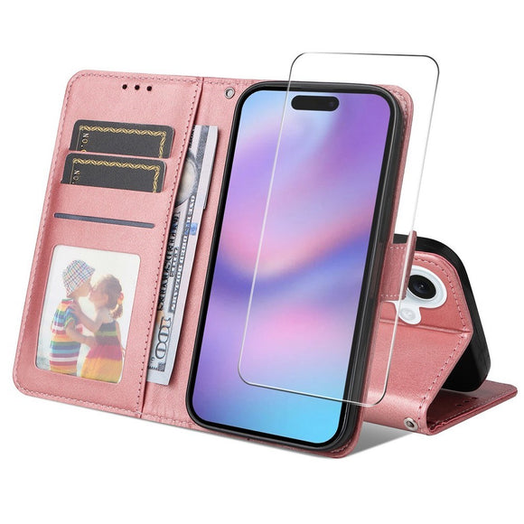 EIDERWOOD iPhone 17 2-i-1 Kunstlæder Flip Cover m. Skærmbeskyttelsesglas - Lyserød