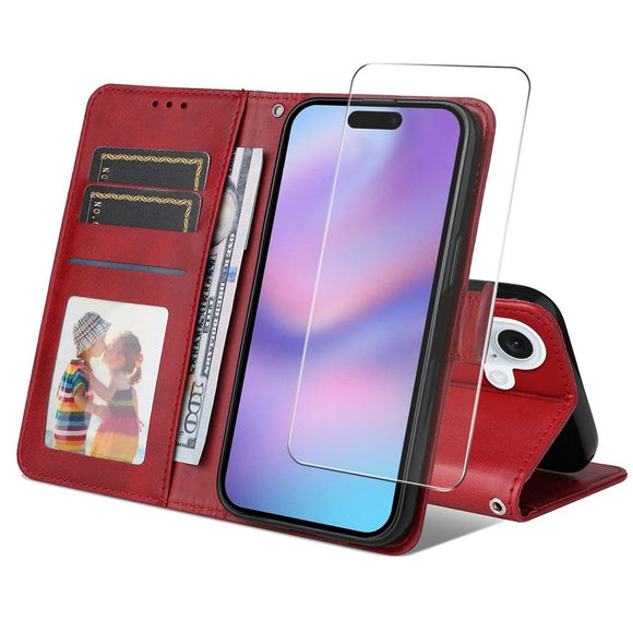 EIDERWOOD iPhone 17 2-i-1 Kunstlæder Flip Cover m. Skærmbeskyttelsesglas - Rød