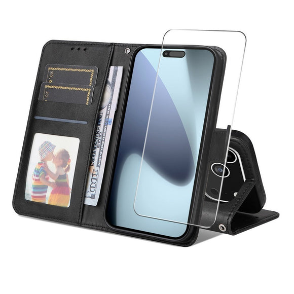 EIDERWOOD iPhone 17 Pro 2-i-1 Kunstlæder Flip Cover m. Skærmbeskyttelsesglas - Sort