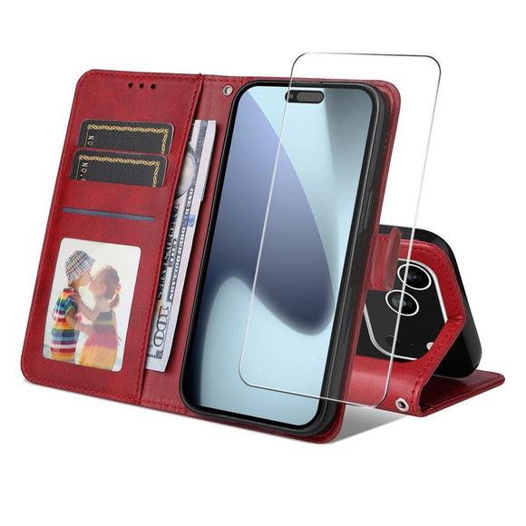 EIDERWOOD iPhone 17 Pro 2-i-1 Kunstlæder Flip Cover m. Skærmbeskyttelsesglas - Rød