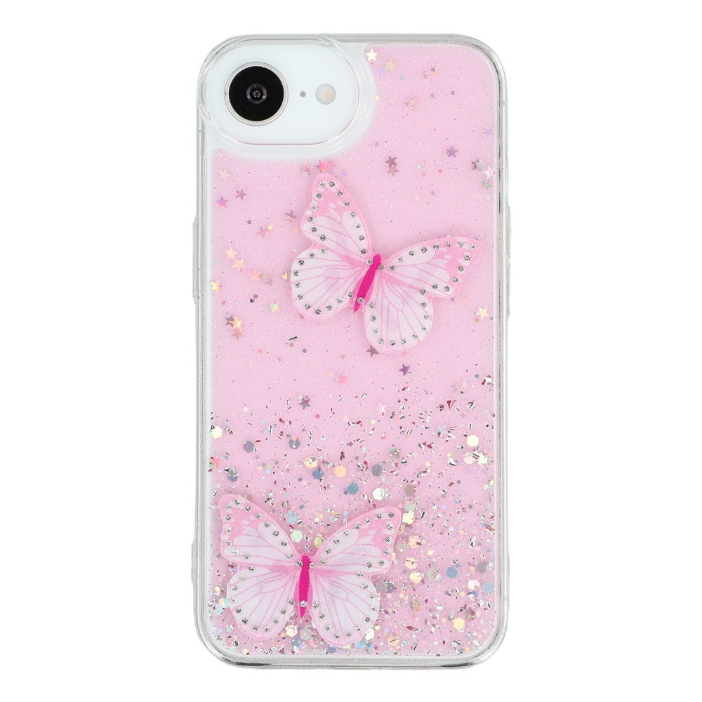 EIDERWOOD iPhone 17e / 16e Fleksibelt Plastik Cover m. Sommerfugle - Gennemsigtig / Lyserød