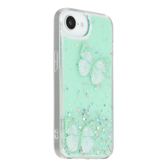 EIDERWOOD iPhone 17e / 16e Fleksibelt Plastik Cover m. Sommerfugle - Gennemsigtig / Grøn