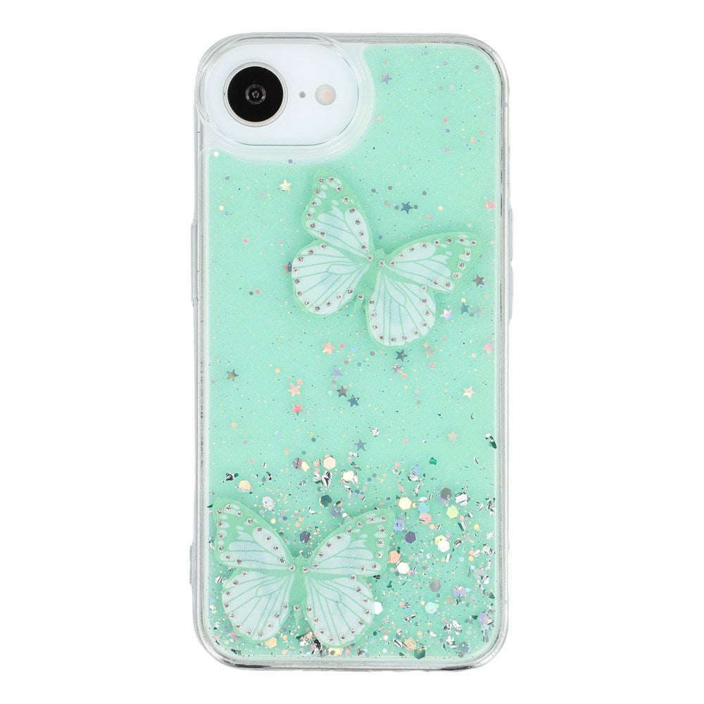 EIDERWOOD iPhone 17e / 16e Fleksibelt Plastik Cover m. Sommerfugle - Gennemsigtig / Grøn