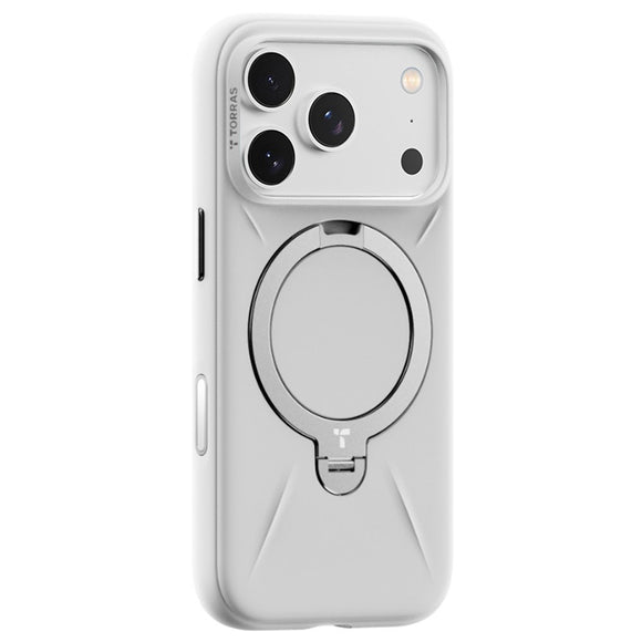 TORRAS iPhone 17 Pro Ostand Spin Silikone Cover m. Roterende Kickstand - MagSafe Kompatibel - Hvid