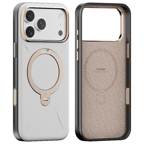 TORRAS iPhone 17 Pro Ostand Spin Kunstlæder Cover m. Roterende Kickstand - MagSafe Kompatibel - Hvid